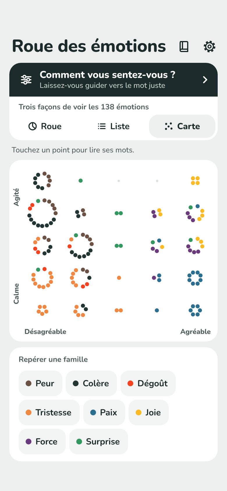 Screenshot: the map, where each dot is an emotion placed by how pleasant and how agitated it is.