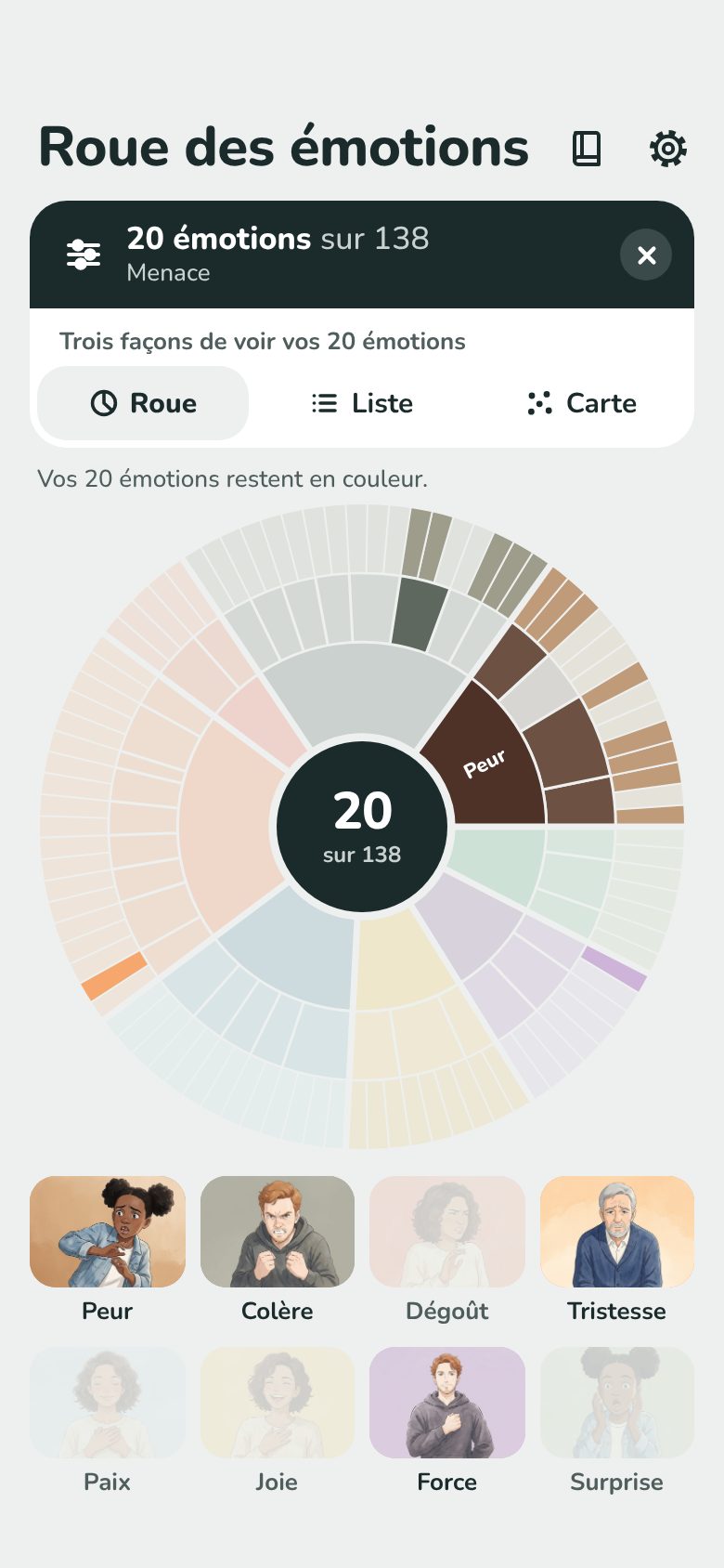 Screenshot: after a filter, 20 of 138 emotions stay in color on the wheel.