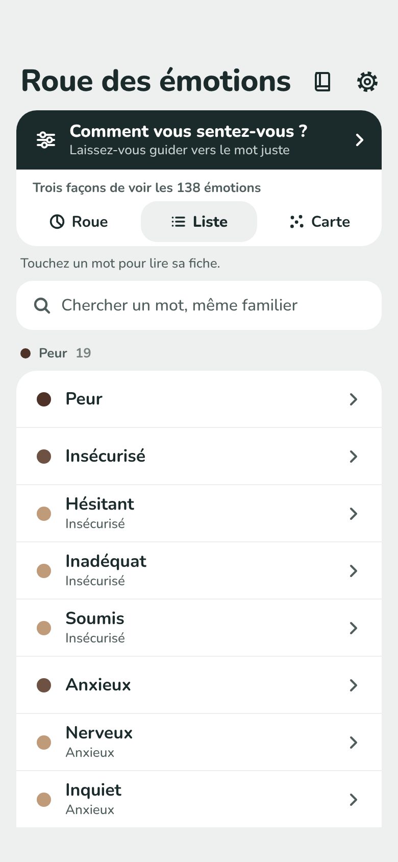 Screenshot: the list of emotions by family, with its search.