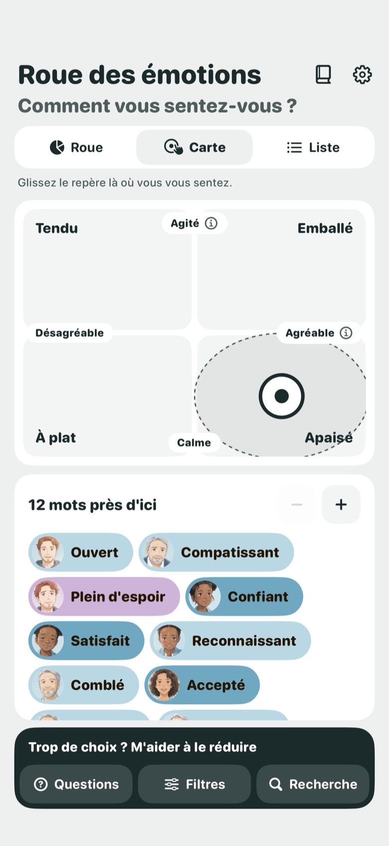 Capture : la carte, le repère posé du côté agréable et calme, et les mots les plus proches dessous.