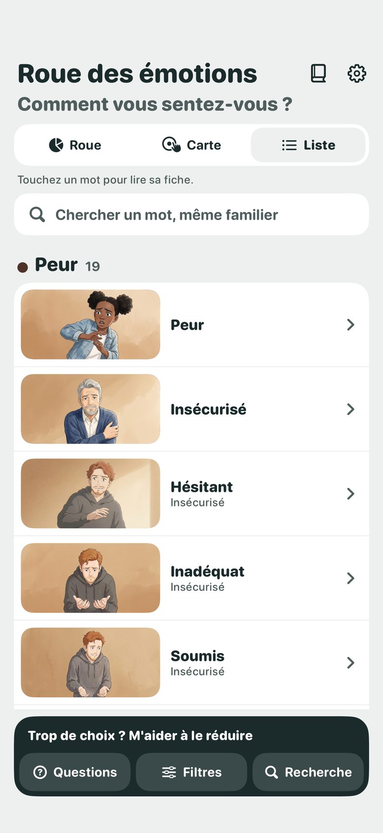 Capture : la liste, ouverte sur la famille Peur, chaque émotion avec son illustration.