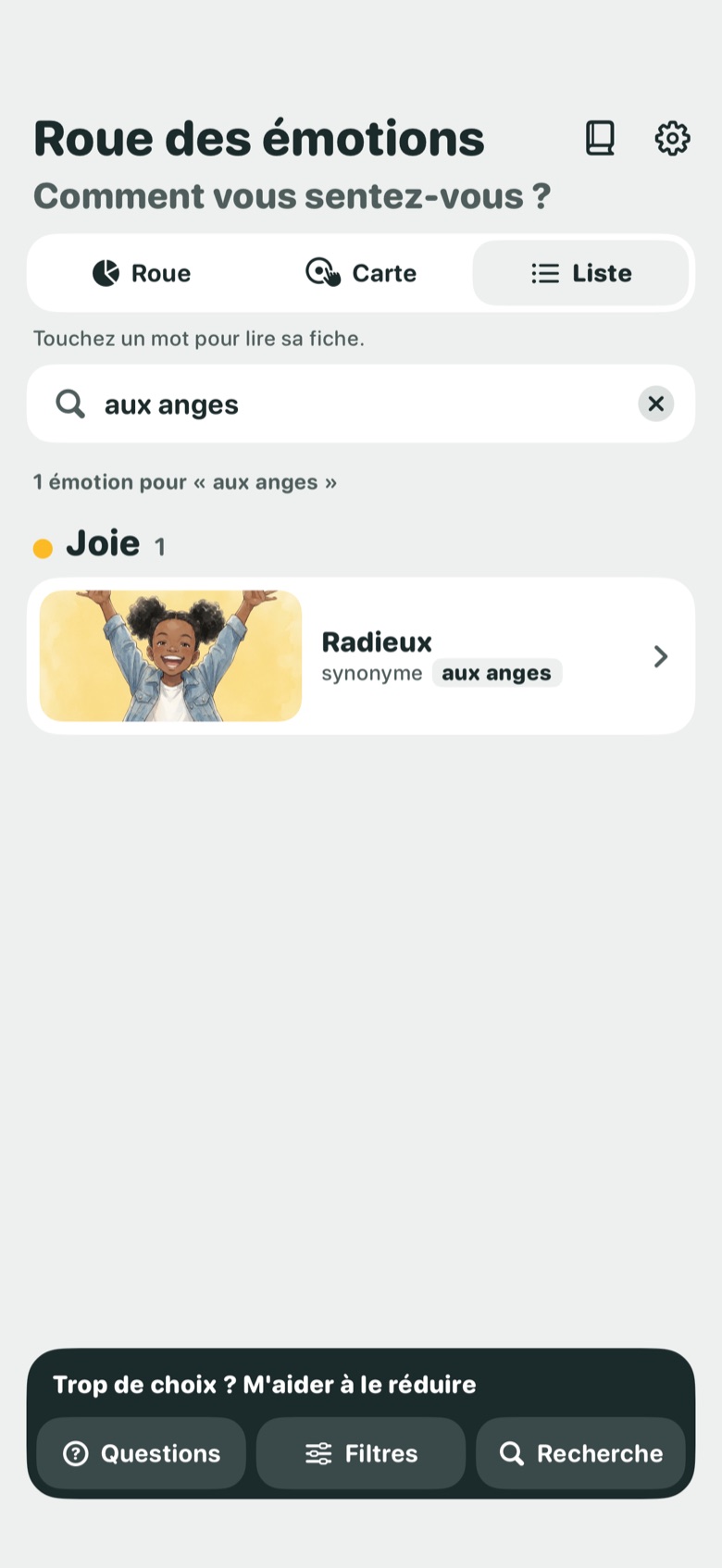 Capture : la recherche de « aux anges » trouve l'émotion Radieux, avec son illustration.