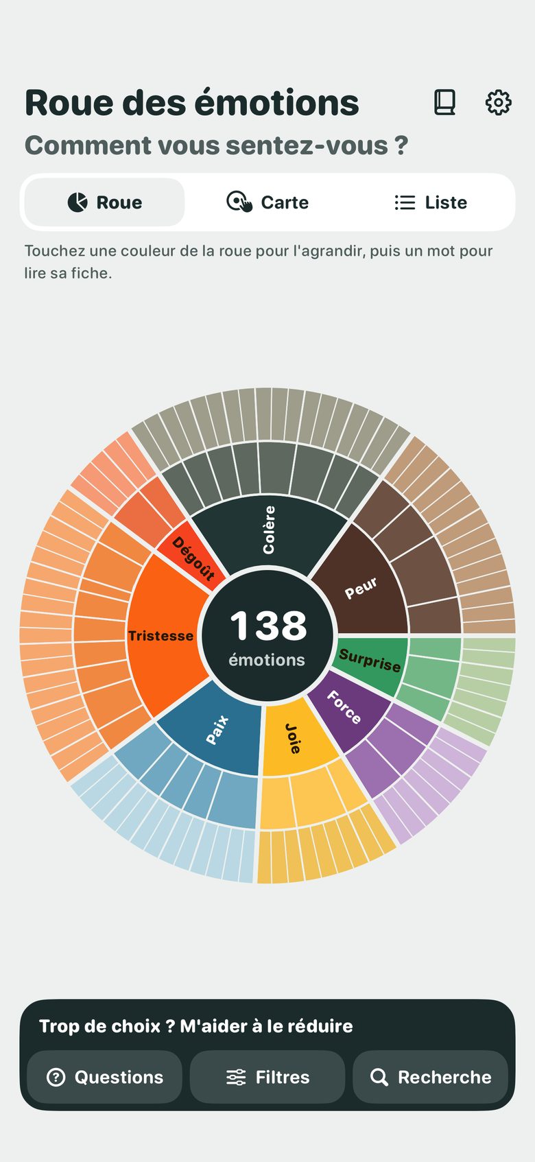 Capture : la roue entière, ses huit familles autour du compte de 138 émotions.